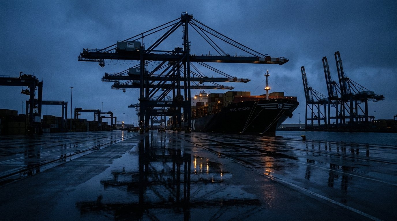 Container port at blue hour