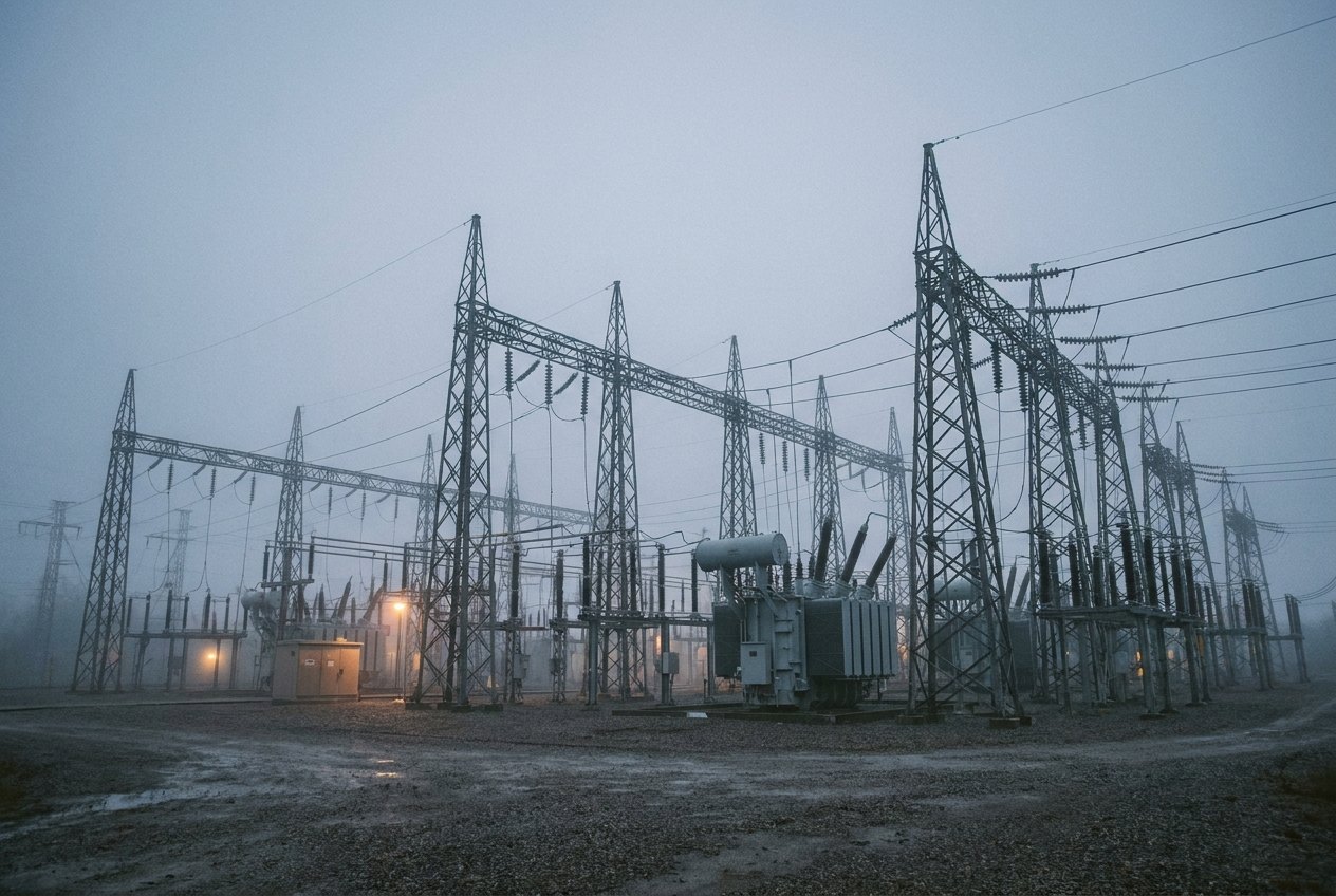 Electrical substation at dawn