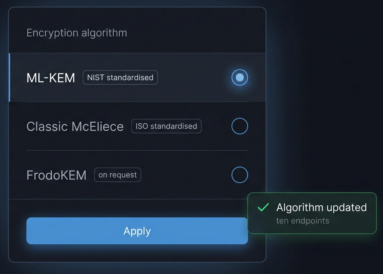 qn-img-algo-swap-tight Settings panel for choosing the post-quantum encryption algorithm, with ML-KEM active and Classic McEliece and FrodoKEM available, and a confirmation that the algorithm was updated across ten endpoints