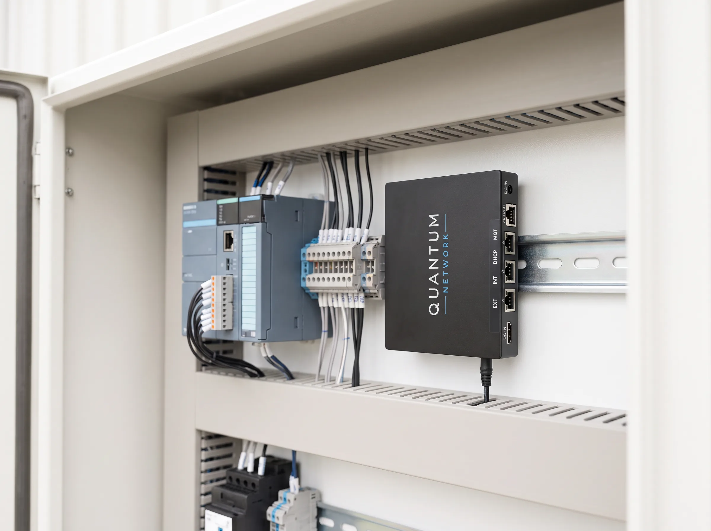 Gateway on DIN rail beside PLC Quantum Gateway on a DIN rail next to a PLC inside a closed control cabinet