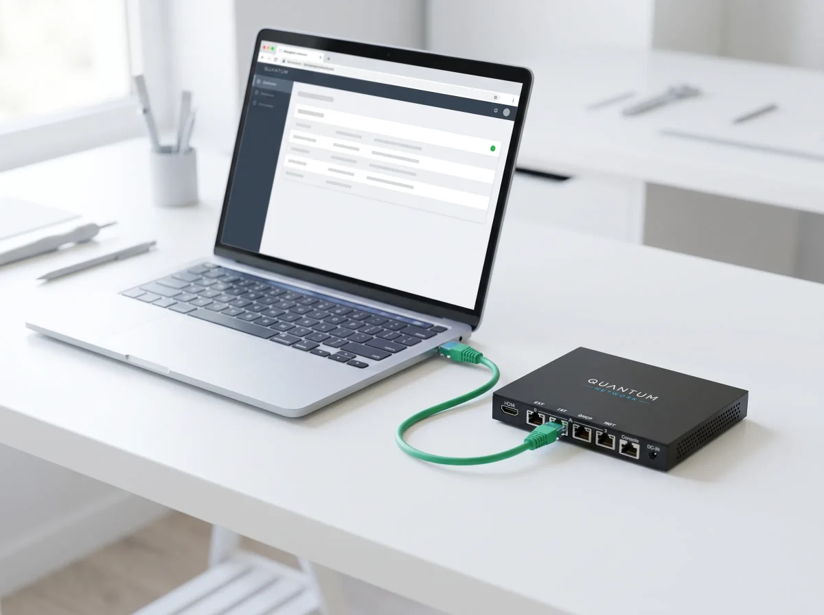 Laptop connected to the QPN gateway with a green cable, management dashboard on screen