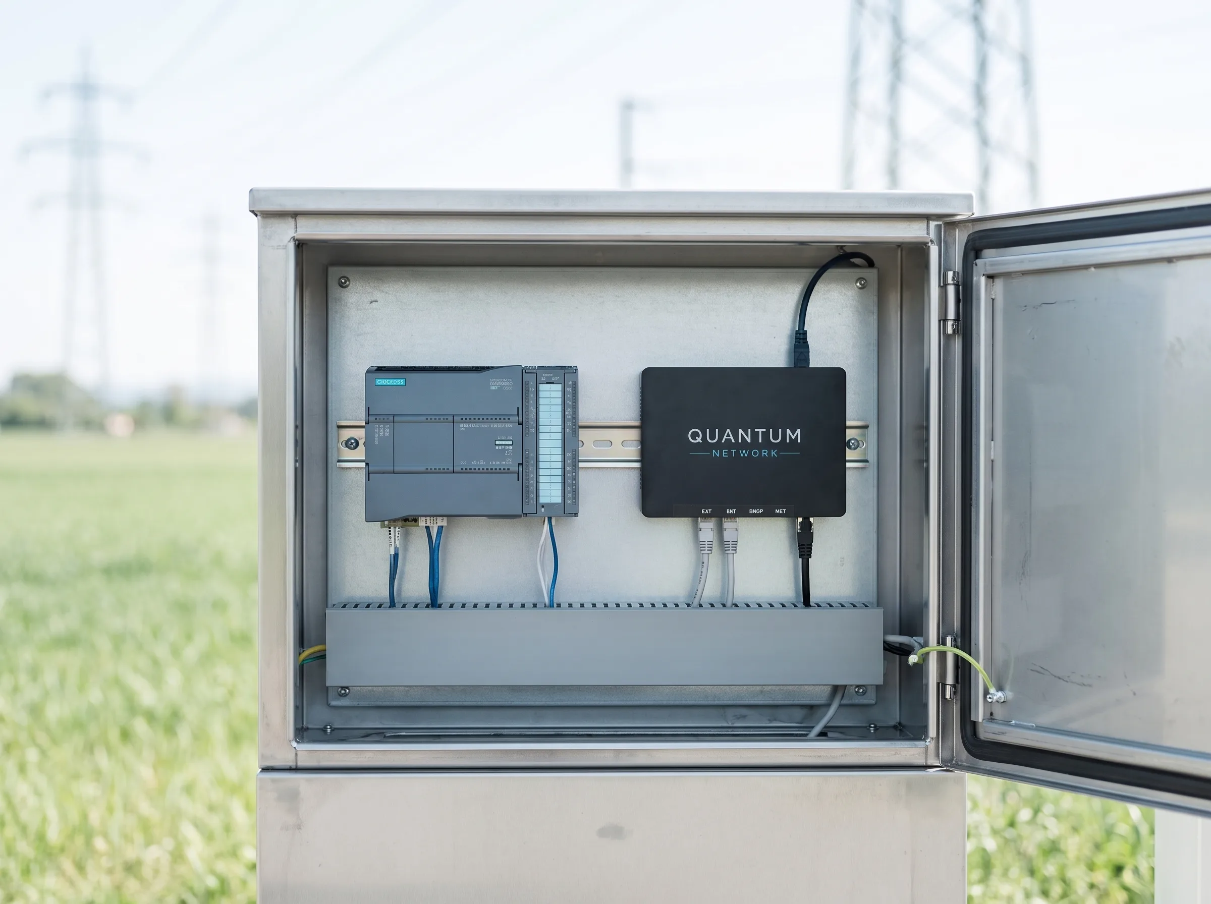 Open utility cabinet at an unmanned site with a PLC and the QPN gateway inside