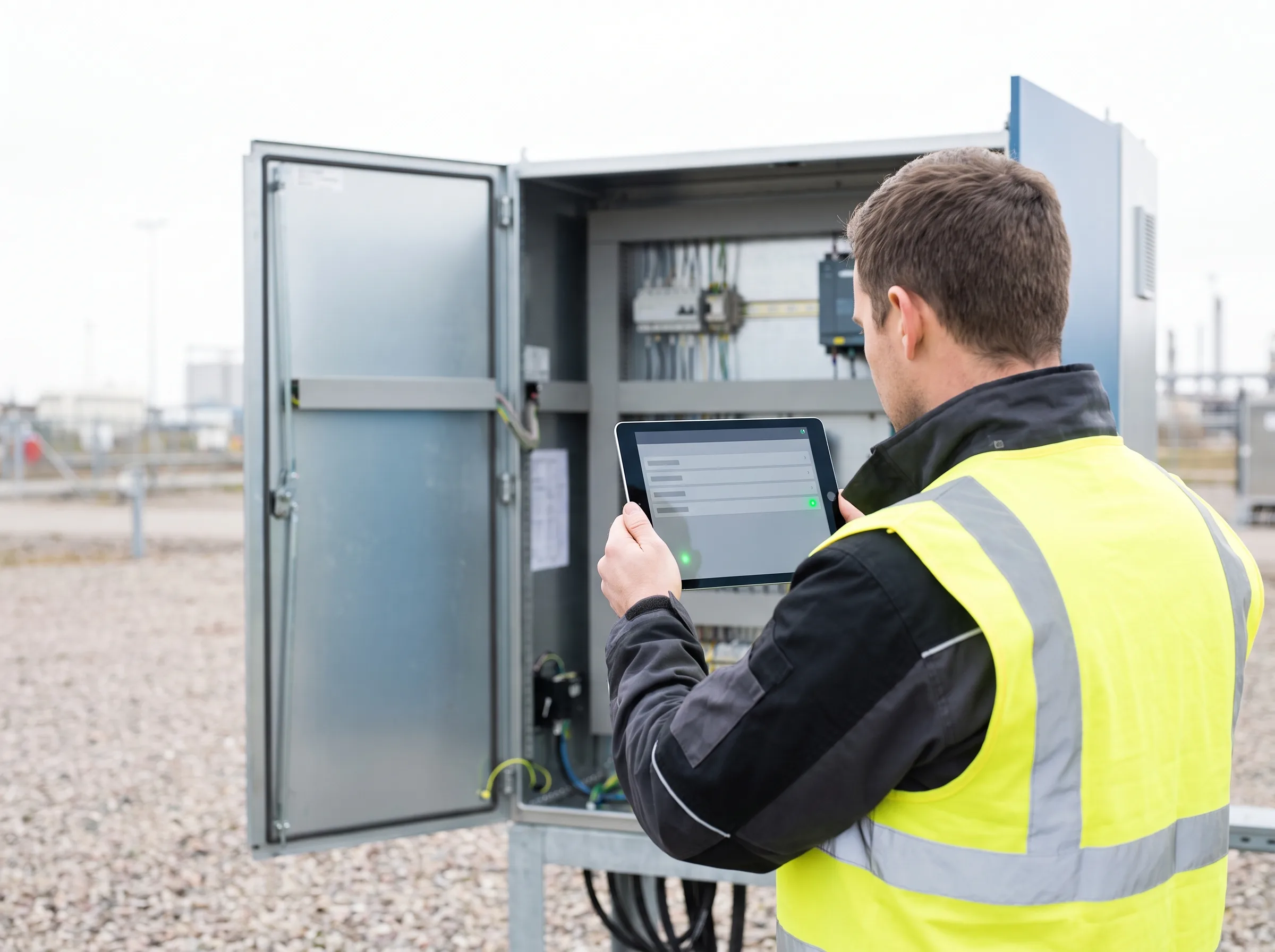 Field technician checking a status screen at an open cabinet